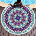 Round mandala beach towel with white tassels and bohemian geometric pattern on pool deck - Purple Yellow Mandala (5)