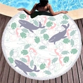 Round beach towel with marine life prints like whales and seahorses with white fringes - Whale & Seahorse (4)