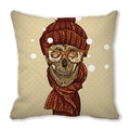 Kussenhoes van perzikhuid met retroskelet, rode muts en oranje bril op beige achtergrond - Retro Bril Schedel (14) / 45x45cm