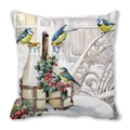 Winter landscape cushion cover with blue tits and milk bottles on peach skin fabric - Blue Tit with Milk and Holly Style (32)