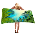 Thick beach towel with tropical green palm leaf print and yellow to blue gradient - Yellow Blue Gradient Rainforest (13)