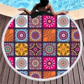 Round mandala beach towel with white tassels, vibrant bohemian patterns for vacations - Multicolor Mandala Collage (1)