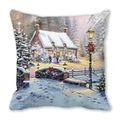 Square Christmas pillowcase featuring winter snow landscape with cabin and snowman - Winter Cabin with Snowman and Kids Style (33)