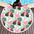 Round thick beach towel featuring pink flamingo tropical prints and white fringe trim - Tropical Flamingo (1)