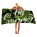 Tropical green palm leaves beach towel with Hot Summer text on black background - Black Background Hot Summer (15)