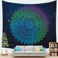 Detailed scene of starry sky mandala wall tapestry hanging over a sofa in a modern living room - Starry Cyan-Green Mandala (7)