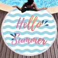 Round beach towel with Hello Summer lettering, blue wave pattern and white tassels - Hello Summer Wave (2)