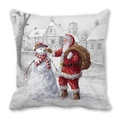 Christmas Santa and snowman oil painting print peach skin velvet square pillowcase - Art Oil Painting Christmas Fairytale Style (31)