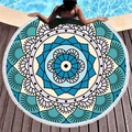 Blue and cyan mandala round beach towel with white tassels on a wooden deck - Blue Teal Mandala (3)