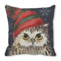 Kerst kussensloop met uilenprint en sneeuwvlokken op zachte perzikachtig weefsel - Rood-Groene Hoed Uil (21) / 45x45cm