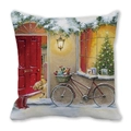Christmas pillow cover with festive dog and red door illustration on peach skin fabric - Red Door Bicycle and Golden Retriever Style (39)