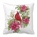 Kissenbezug mit rotem Kardinalvogel und rosa Blumen auf weißem Hintergrund aus Pfirsichhaut - Kardinal und Rosa Weihnachtsstern (1)