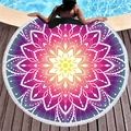Round mandala beach towel with fringe and purple gradient design on wood deck - Bright Yellow Center Gradient Mandala (4)