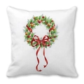 Detailed close-up of a festive Christmas wreath print on a square white cushion cover - Gold Ornament Wreath (24)