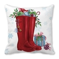 Housse de coussin de Noël avec bottes rouges et cadeaux sur tissu peau de pêche - Style Bottes de Pluie Rouges et Boîte Cadeau