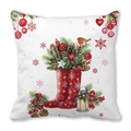 Housse de coussin Noël avec illustration de bottes rouges sur tissu peau de pêche blanc - Style Rouge-Gorge Posé sur une Botte Rouge