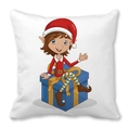 Christmas peach skin pillowcase with cute cartoon elf sitting on a blue gift box - 18x18 Inch / Blue Gift Box Elf Style (27)