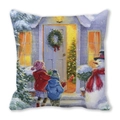 Detalle de funda de cojín navideño con escena de acuarela de niños y muñeco de nieve - Estilo Niños de Navidad y Muñeco de Nieve (2)
