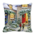 Detalle de funda de cojín navideña con pueblo de invierno en acuarela festiva - 45x45cm / Estilo Casa Europea Navidad (12)