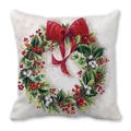 Christmas wreath cushion cover with red berries and bow on soft peach skin fabric - Red Berry Wreath (12)
