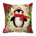 Kussensloop met pinguïnmotief, rode geruite sjaal en kerstkrans versiering - Geruite Oorwarmers Pinguïn (30) / 45x45cm