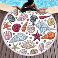 Round beach towel featuring vibrant seashell and starfish prints with white fringe - Colorful Shell Illustration (7)
