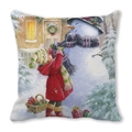 Detalle de funda de cojín navideña con diseño de acuarela de niña y muñeco de nieve - 45x45cm / Estilo Niña con Bufanda Roja (6)