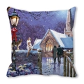 Winter snowy oil painting pillowcase with street lamp, cats, and church scenery print - Snow Couple and Cat (18)