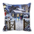 Detalle de la funda de cojín de piel de melocotón con escena de nieve en una iglesia - 45x45cm / Estilo Luces de Iglesia tras la Nieve (38)