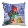 Detalle de funda de cojín cuadrada con acuarela de niño y cachorro en el bosque - 45x45cm / Estilo Niños Rojos y Cachorro (27)
