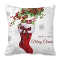 Housse de coussin de Noël avec chaussettes festives et pommes de pin sur tissu blanc - Style Illustration Chaussette Merry Christmas
