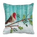 Detail of Christmas Wishes pillow cover with robin bird illustration and holly leaves print - Forest Robin And Christmas Wishes (9)