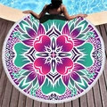 Circular mandala beach towel with pink and teal bohemian patterns and white tassels - Pink-Purple-Green Gradient Mandala (7)