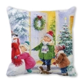 Detalle de funda de cojín navideña con ilustración de muñeco de nieve, perro y árbol de Navidad - 45x45cm / Estilo Acuarela Suave Navidad (22)