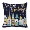 Detail of Seasons Greetings print on navy peach skin pillowcase with winter town - Season's Greetings Winter Town (23)