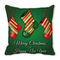Detail of green Christmas pillowcase with festive stockings and holiday greetings - 45x45cm / Dark Green Cartoon Stockings (17)
