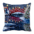 Winter snowy landscape oil painting print square pillowcase featuring a red bridge - Ice Surface Red Wooden Bridge (19)