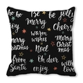 Close-up of Christmas pillowcase with holiday greetings and stars on black peach skin fabric - 45x45cm / Black Multicolor Text Stars (28)