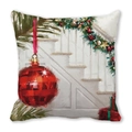 Detail of artistic Christmas pillowcase featuring a red bauble and festive home scene - 45x45cm / Nordic Red Large Ball (39)
