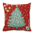 Detail of red Christmas pillowcase with green tree print and 'TIS THE SEASON lettering - 45x45cm / Red Background Green Tree (34)