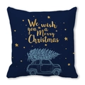 Detail of navy blue Christmas pillowcase with golden stars and vintage car illustration - 45x45cm / Navy Festive Small Car (32)