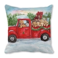 Christmas pillowcase with golden retriever dogs and vintage red truck on linen - Style 25 (Retro Truck/Golden Retriever Pups)