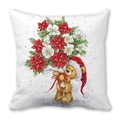 Christmas teddy bear pillowcase with red poinsettia floral print on white peach skin fabric - 18x18 Inch / Teddy Bear Holding Bouquet Style (33)