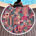 Mandala pattern round beach towel with tassels on a wooden deck by a pool - Colorful Bohemian Mandala (8)