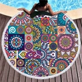 Bohemian mandala print round beach towel with white tassels on pool deck background - Vintage Patchwork Mandala (8)