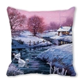 Christmas square pillowcase with winter oil painting of swans and cozy cabin - Winter River and White Swans (20)