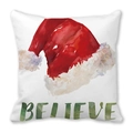 Funda de cojín navideña con gorro de Papá Noel y estampado Believe en tejido suave - Estilo de Texto BELIEVE y Gorro de Navidad