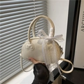 Chic cream leather shell bag with 3D bow accents and lace ribbon handle for women - With Pendant Scarf / White