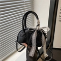 Elegant black mini shell handbag with lace bow and cat embossed detail for women - With Pendant Scarf / Black