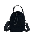 Black nylon drawstring bucket bag with adjustable wide shoulder strap for travel - Black